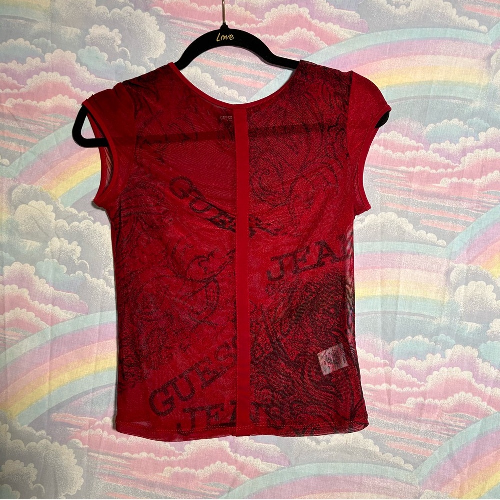 Dark red grunge mesh sheer guess graphic print top